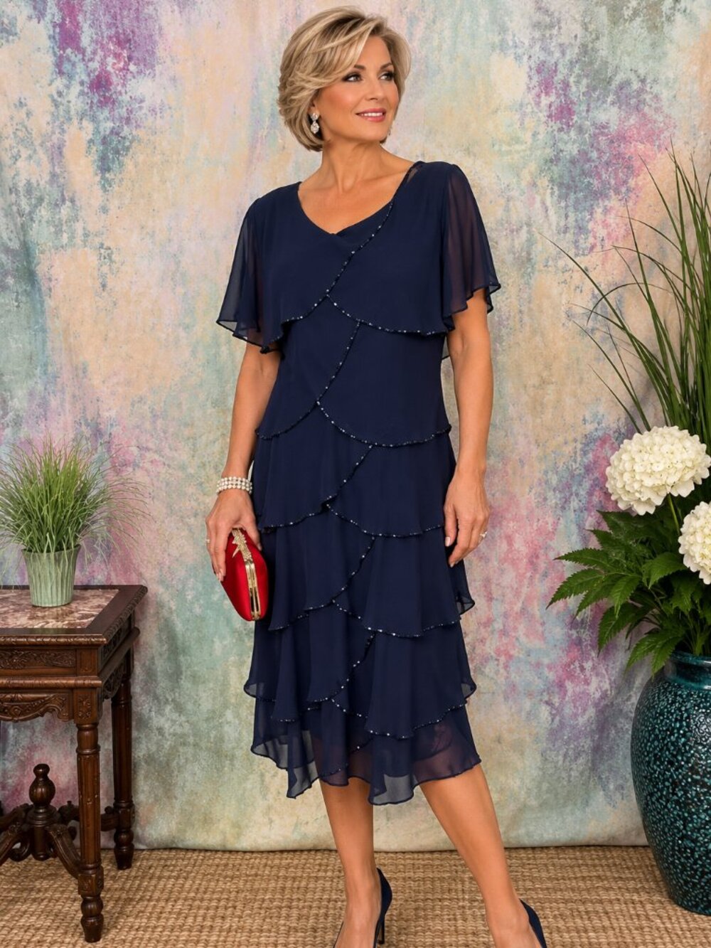 📌Patra Sheer Tulip Sleeve Beaded Tiered Cocktail Semi Formal Dress Beaded Trim